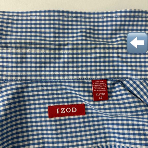 IZOD Gingham Shirt XL Mens Button Up Long Sleeves 100% Cotton Blue Check FLAW - Picture 5 of 12